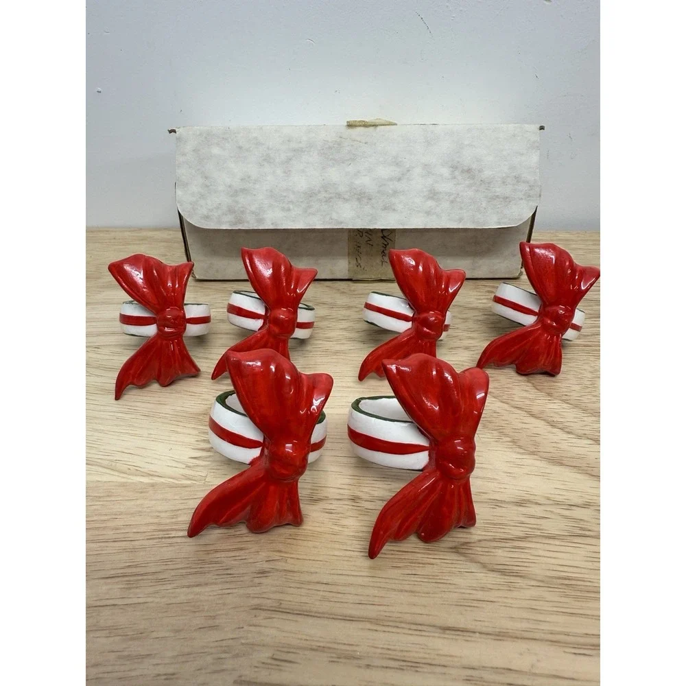 Vintage Napkin Rings set of 6‎ Red Bows Green Taiwan #34